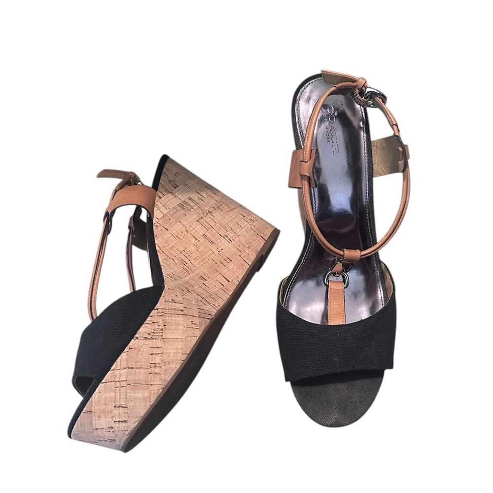 Coach Black and Tan Wedge Sandals - Picture 3 of 6